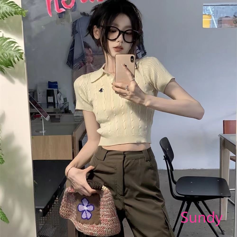 Áo Croptop Tay Ngắn Cổ Polo Thời Trang Mùa Hè Cho Nữ