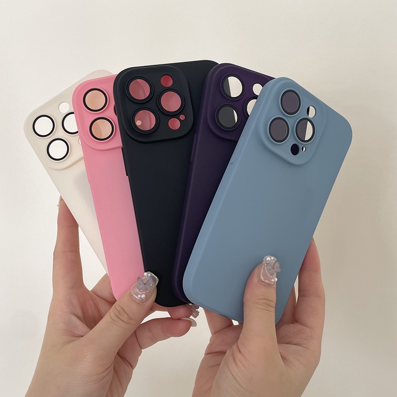 Ốp Điện Thoại Silicon Màu Trơn Tích Hợp Phim Bảo Vệ Camera Chống Sốc Sang Trọng Cho iPhone 14 13 12 11 Pro Max