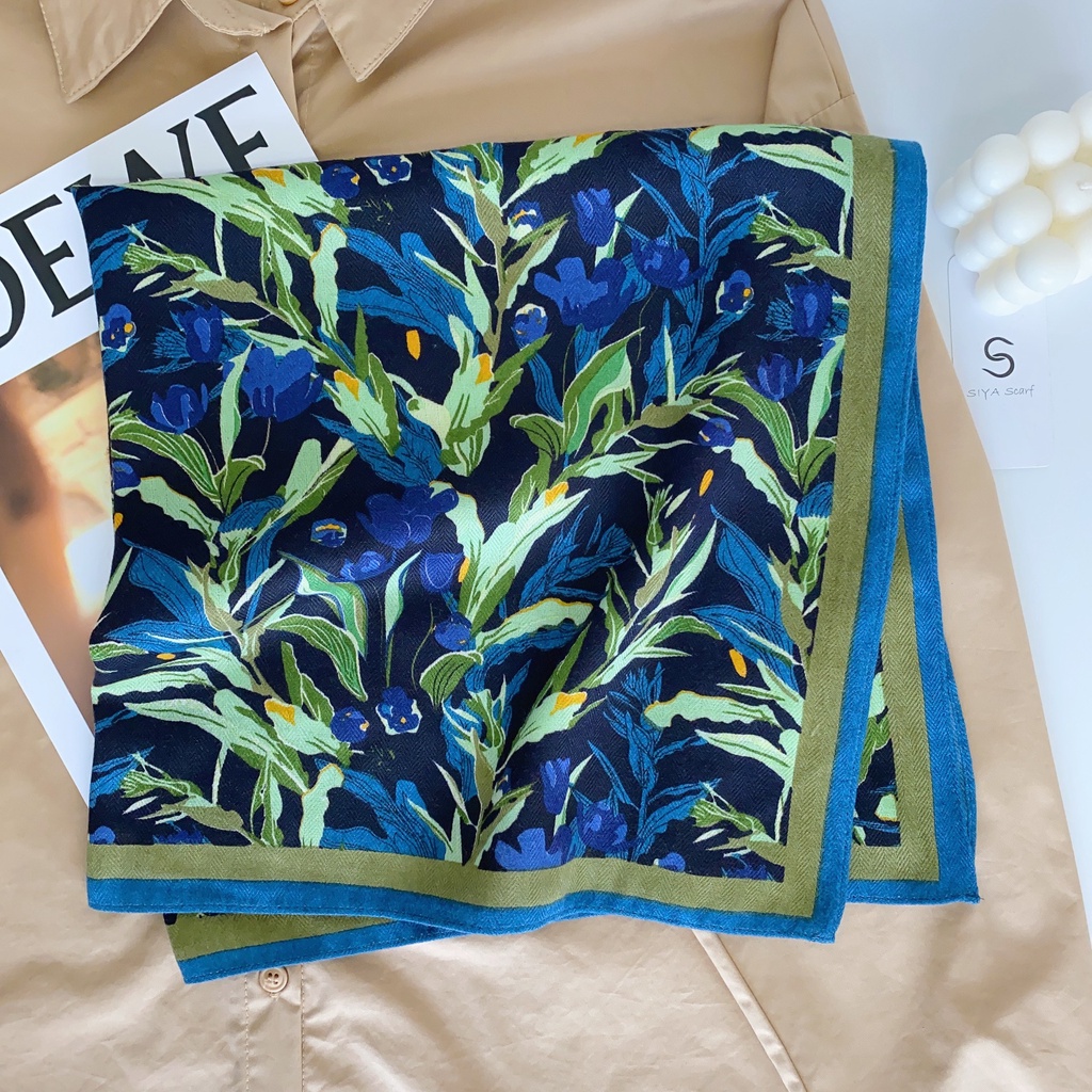 Khăn Quàng Cổ Nhỏ Bằng Lụa Cotton In Hoa Màu Xanh Lá Phong Cách Hàn Quốc Cổ Điển 68 * 68cm Dành Cho Nữ