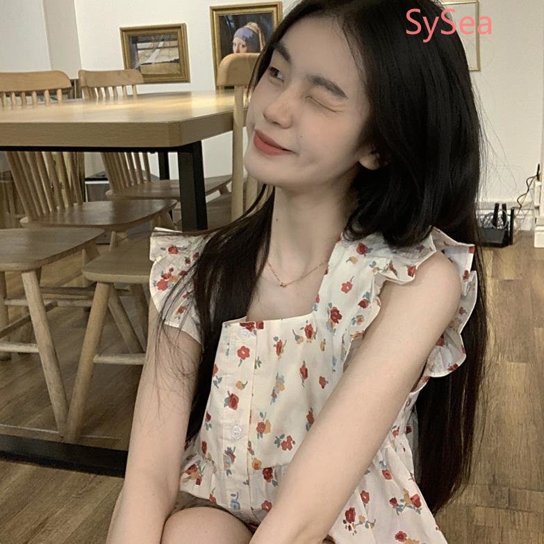 Áo Kiểu Tay Phồng Cổ Vuông Họa Tiết Hoa Phong Cách Pháp