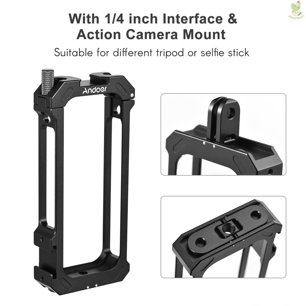 Andoer Sports Camera Video Cage Aluminum Alloy with Dual Cold Shoe Mounts Metal Protective Frame Camera Cage Vlog Access   Came-6.5