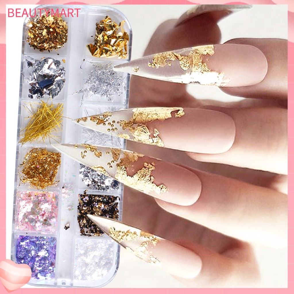 1 Hộp Lá Vàng Lấp Lánh 12 Ngăn Dùng Trang Trí Móng Tay Dễ Dàng
