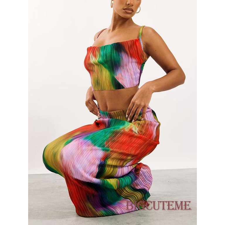 Bộ Trang Phục 2 Mảnh Gồm Áo Hai Dây Nhuộm Màu Và Chân Váy Dài Lưng Cao Thời Trang Mùa Hè Cho Nữ