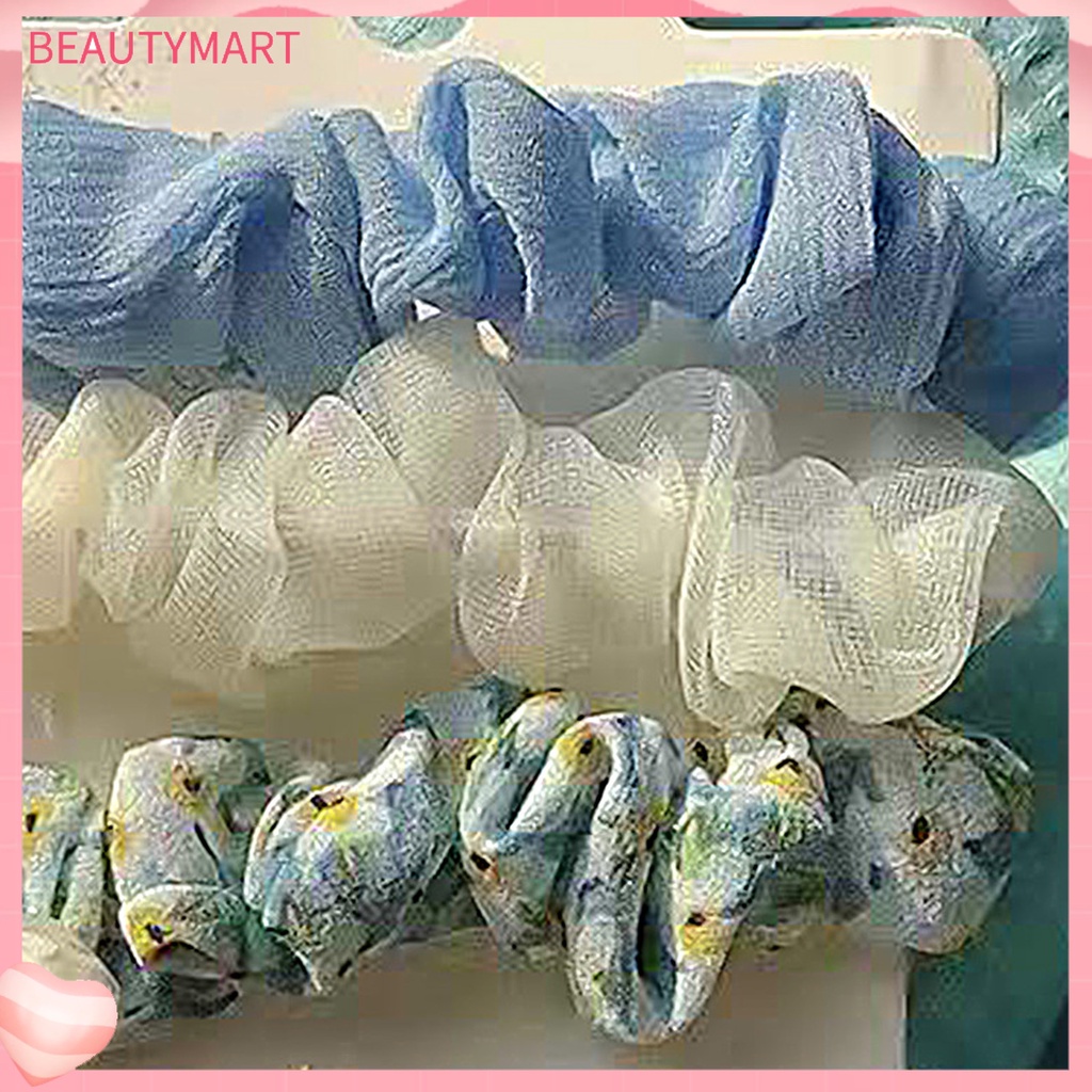 Set 3 Dây Cột Tóc Cao Su Bọc Vải Chiffon Co Giãn In Họa Tiết Hoa Tươi Mới
