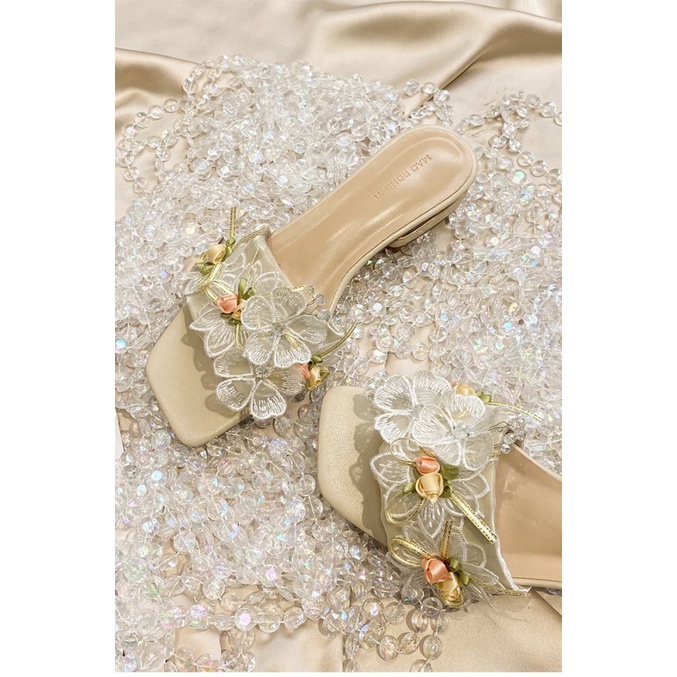 Duoya Tóc Thẳng ~ [Hàng Có Sẵn] [Hàng Có Sẵn] Sandal Đế Dày Bằng Da Thật Mềm Mại Đính Đá Thời Trang Mùa Hè Cho Nữ Miễn Phí Vậ