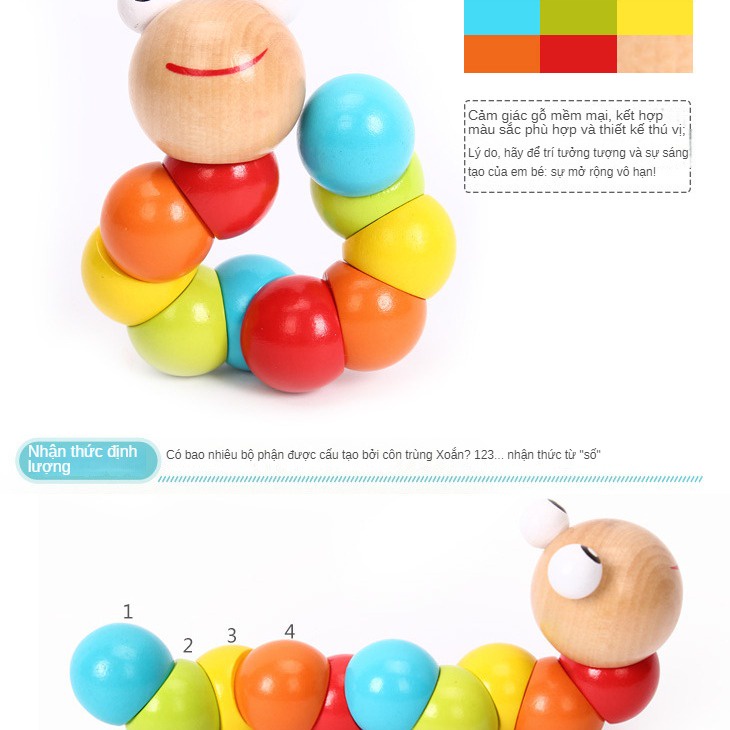 Đồ Chơi Sâu Gỗ Xoắn Nhiều Màu Phát Triển Trí Tuệ Cho Trẻ Em