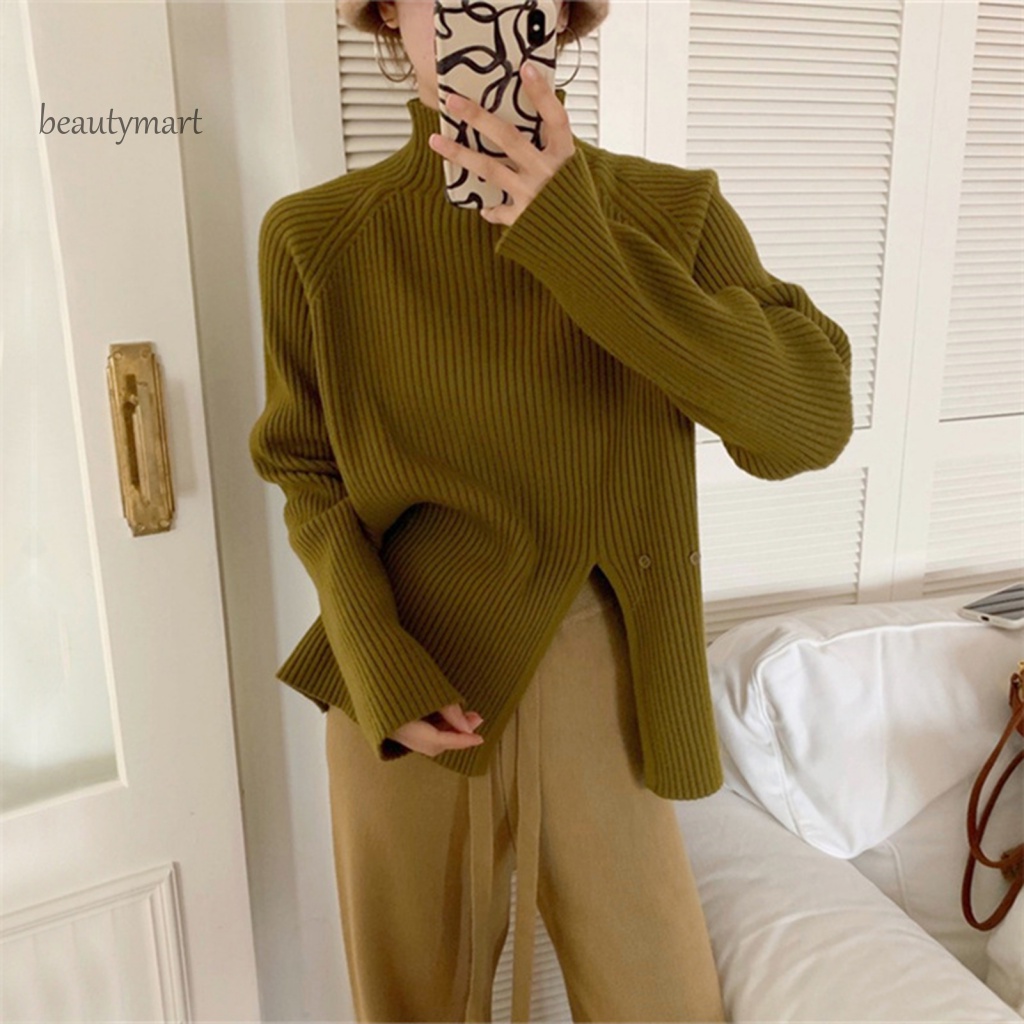 Áo Sweater Cổ Lọ Tay Dài Dáng Rộng Màu Sắc Đơn Giản Thiết Kế Xẻ Tà Thời Trang Mùa Đông Cho Nữ beautymartm1