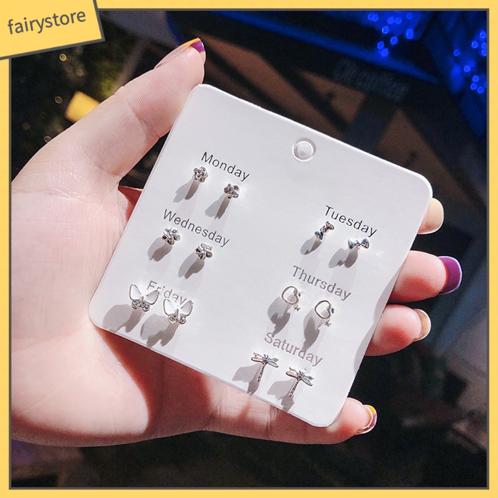 Set 6 / 7 Cặp Bông Tai Trái Tim Đính Đá / Ngọc Trai Giả Thời Trang