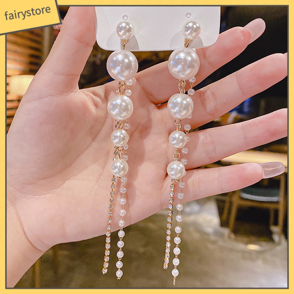 [FRO] 1 Đôi Bông Tai Dạng Tua Rua Dài Đính Đá Giả Ngọc Trai Lấp Lánh