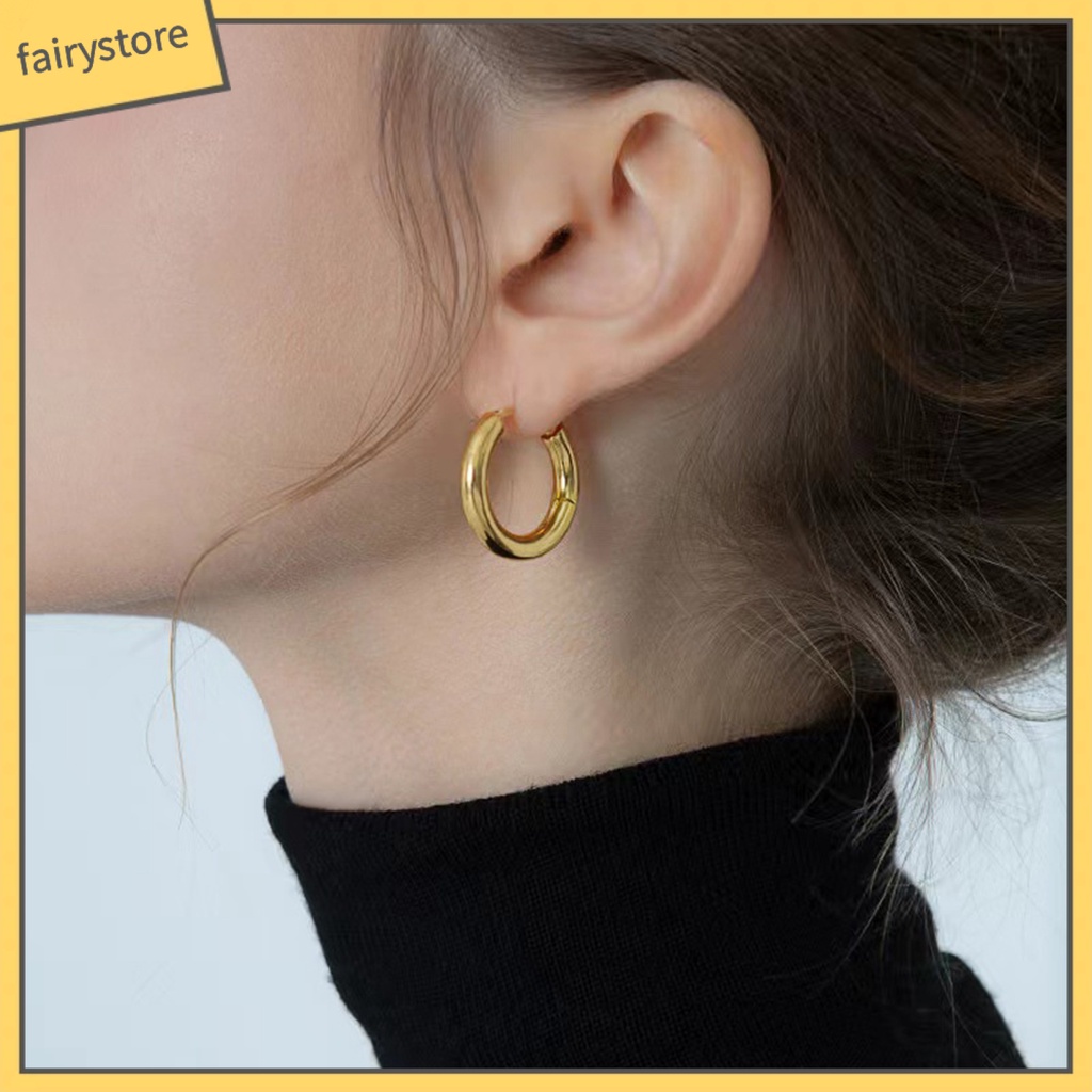 1 Đôi Bông Tai Tròn Bằng Thép Không Gỉ Màu Bạc Bóng Thanh Lịch Thời Trang