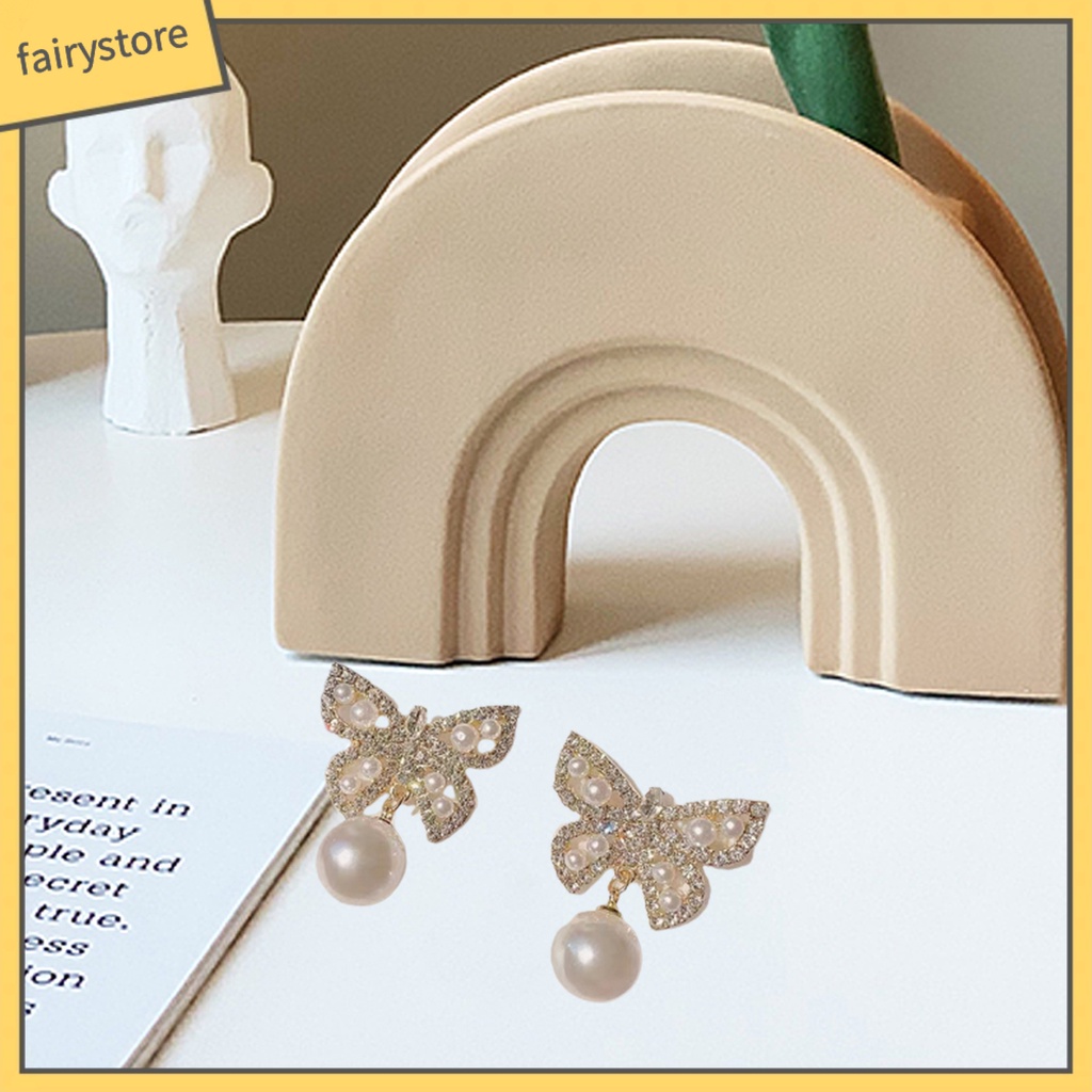 1 Đôi Bông Tai Dáng Dài Hình Bướm Đính Ngọc Trai Giả Phong Cách Pháp Thanh Lịch