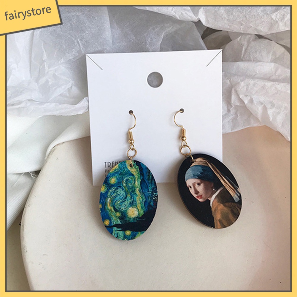 [FRO] Khuyên Tai Móc Bằng Gỗ Tráng Men Họa Tiết Tranh Sơn Dầu Không Đối Xứng Nich