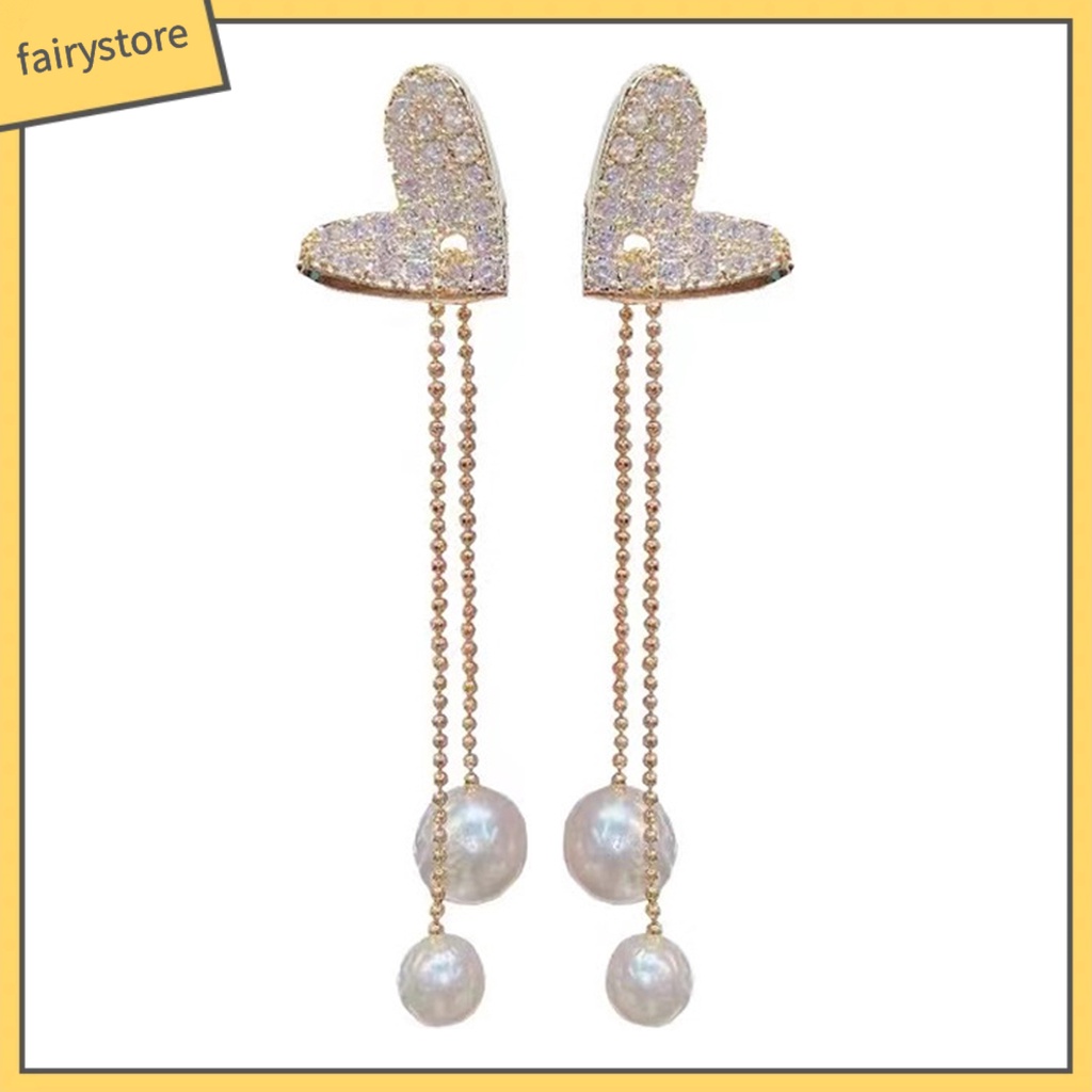 [FRO] Bông Tai Thả Dây Dài Hình Trái Tim Đính Kim Cương Giả Lấp Lánh Thanh Lịch Cho Nữ