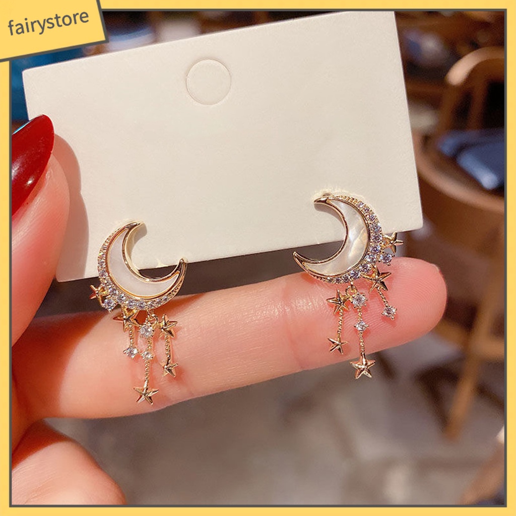 1 Đôi Bông Tai Hình Mặt Trăng Và Ngôi Sao Đính Đá Lấp Lánh Dành Cho Nữ