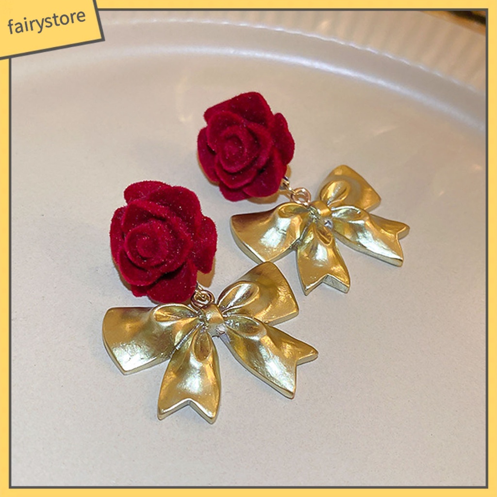 [FRO] 1 Đôi Bông Tai Thả Mạ Bạc Họa Tiết Hoa Hồng / Nơ Dáng Dài Lãng Mạn Cao Cấp