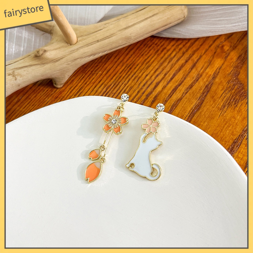 1 Đôi Bông Tai Mạ Điện Hình Hoa / Mèo Hoạt Hình Chống Phai Màu Thời Trang Cho Nữ