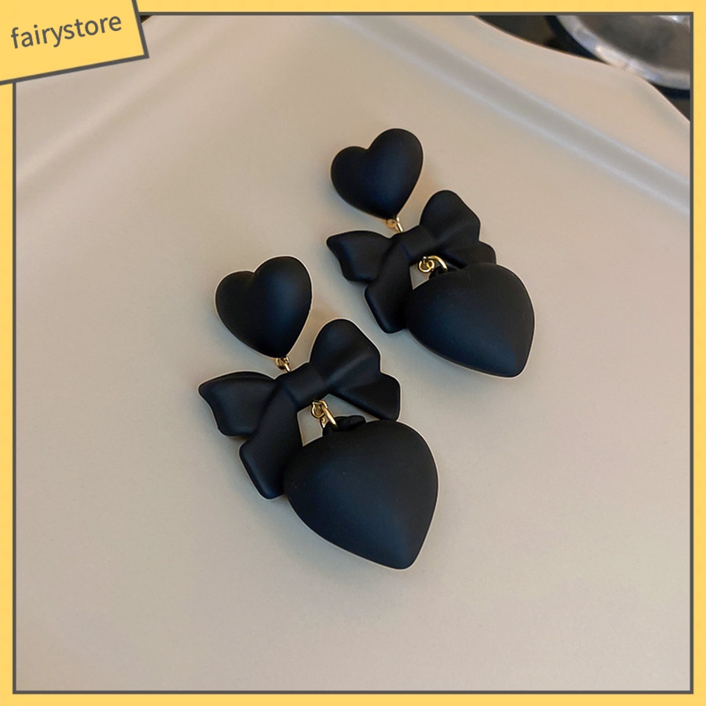 1 Đôi Bông Tai Hình Trái Tim / Nơ Màu Đen Phong Cách Gothic Thời Trang