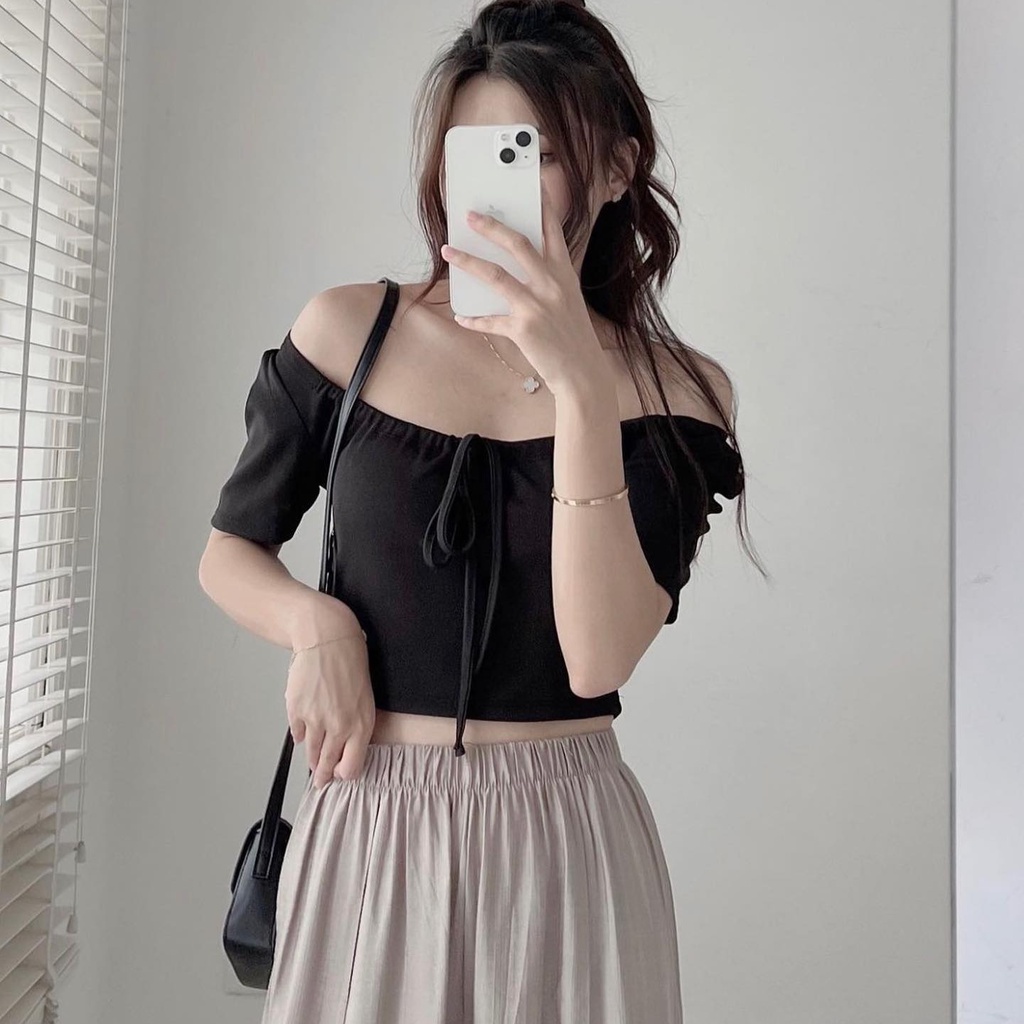 Áo thun nữ vải tăm rút dây style Hàn quốc hot 2023