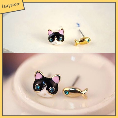1 Đôi Bông Tai Hình Mèo Và Cá Đính Đá Thời Trang Hàn Quốc Dành Cho Nữ