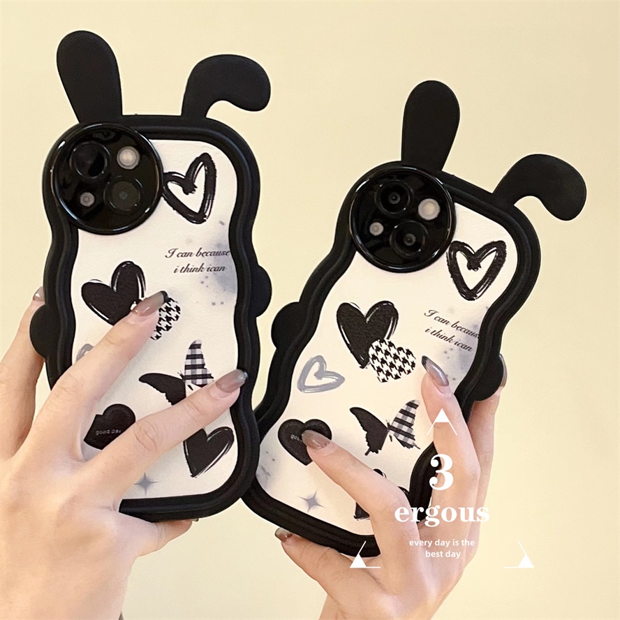 Ear CaseỐp Điện Thoại TPU Mềm Họa Tiết Trái Tim Màu Đen Cá Tính Cho IPhone 14 13 12 11 Pro Max X XR Xs Max