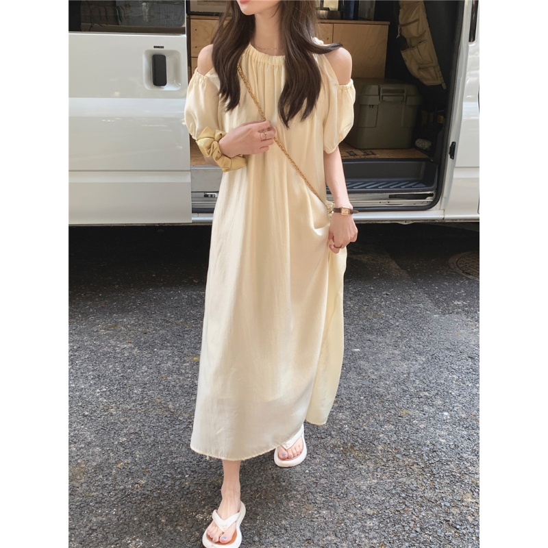 COZOK Đầm Midi Tay Ngắn Hở Vai Dáng Rộng Thời Trang Quyến Rũ Cho Nữ