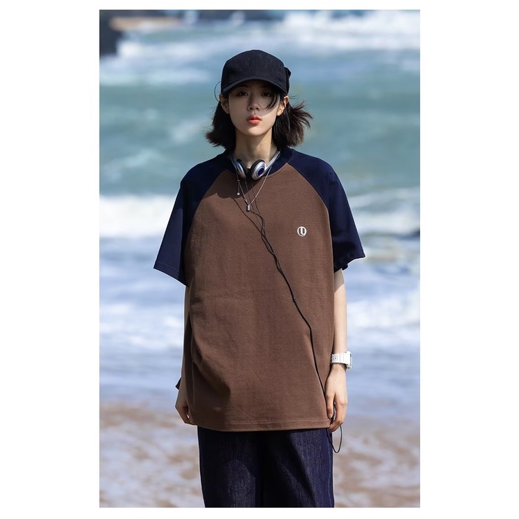 Áo Thun Raglan Tay Ngắn Dáng Rộng Màu Sắc Tương Phản Thời Trang Dành Cho Cặp Đôi