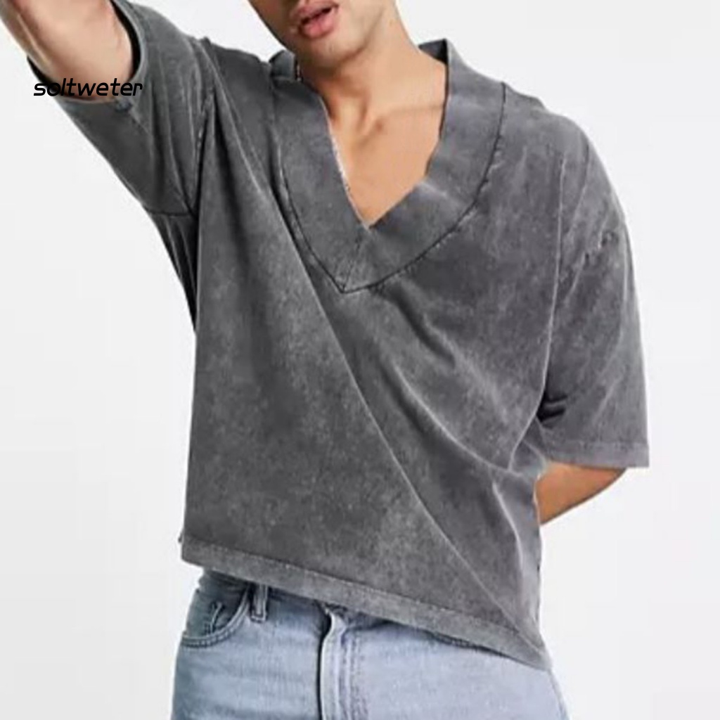 Áo Thun Cổ Chữ V Dáng Rộng Màu Sắc Tinh Khiết Phong Cách Vintage Thời Trang Mùa Hè Cho Nam