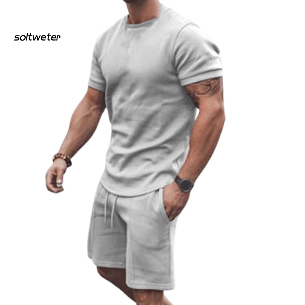 Bộ Trang Phục 2 Mảnh Gồm Áo Thun Tay Ngắn Cổ Tròn Màu Sắc Thời Trang Mùa Hè Cho Nam