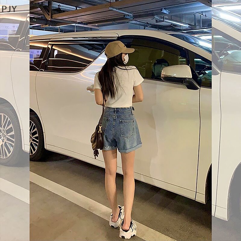 Quần Short Jean Lưng Cao Co Giãn Màu Trơn Đơn Giản Thời Trang Mùa Hè 2023 Phong Cách Hàn Quốc Cho Nữ PJ