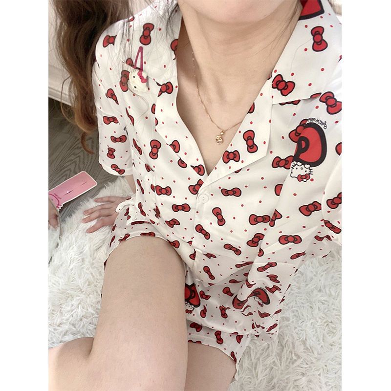 Bộ Đồ Ngủ Bằng Lụa Mát Mềm Mại In Hình Hello Kitty Đính Nơ Thời Trang Mùa Hè Dành Cho Bạn Gái