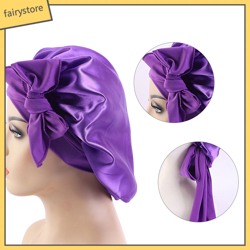 Mũ Trùm Đầu Bằng Lụa Satin Co Giãn Màu Trơn Phối Ren Chăm Sóc Tóc Khi Ngủ Cho Nữ