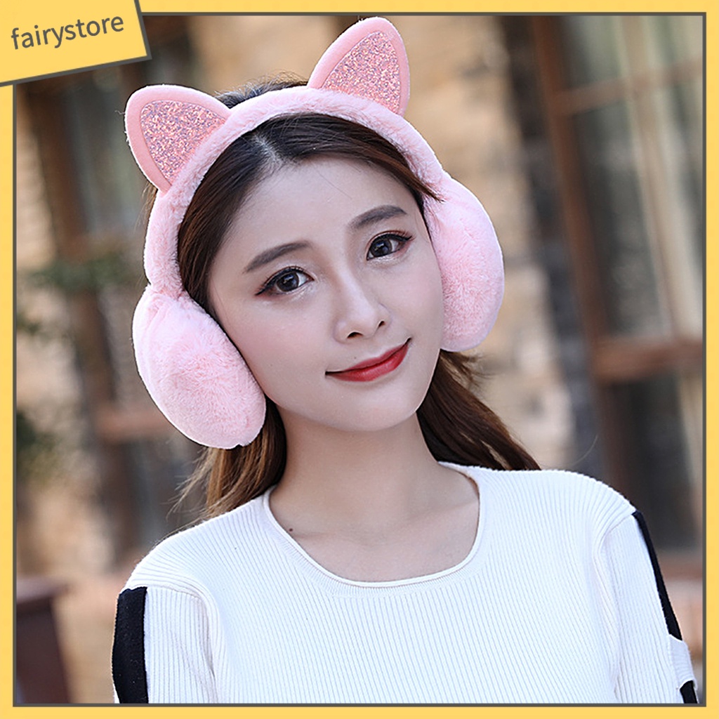 Chụp Tai Giữ Ấm Mùa Đông Hình Tai Mèo Lấp Lánh Cho Nữ