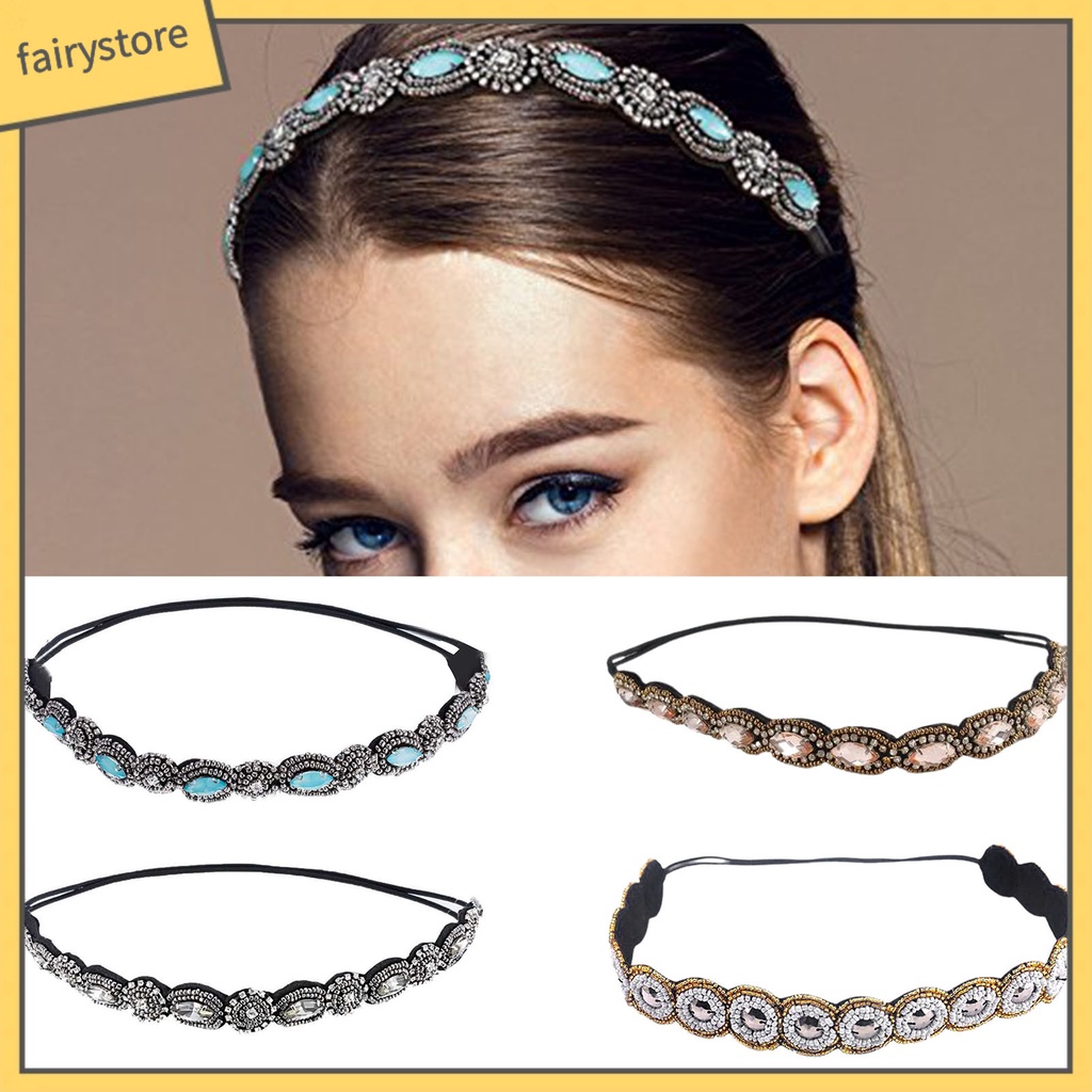 [FRO] Băng Đô Co Giãn Đính Hạt Đá Thủ Công Tinh Tế Không Kéo Cho Nữ