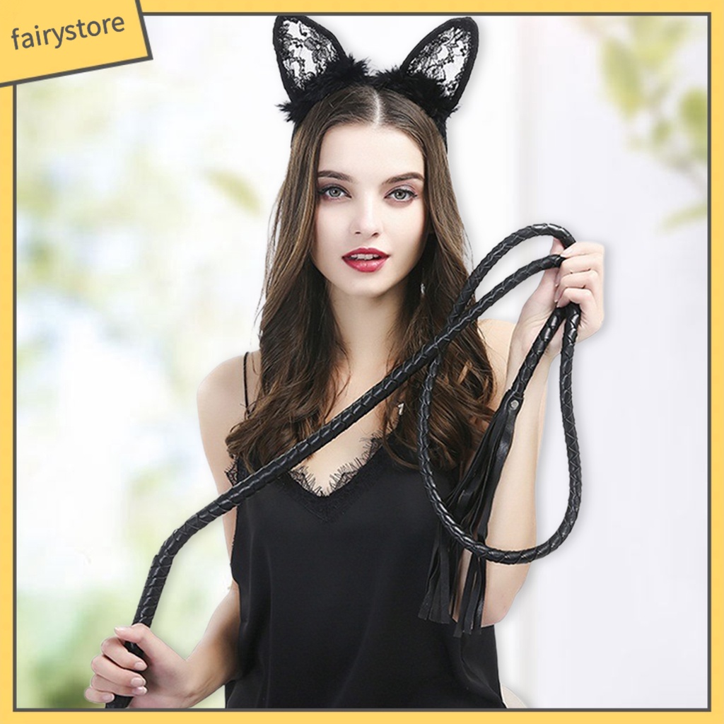 Băng Đô Cài Tóc Hình Tai Mèo Đen Phối Ren Đính Lông Vũ Chống Trượt Trang Trí Tóc