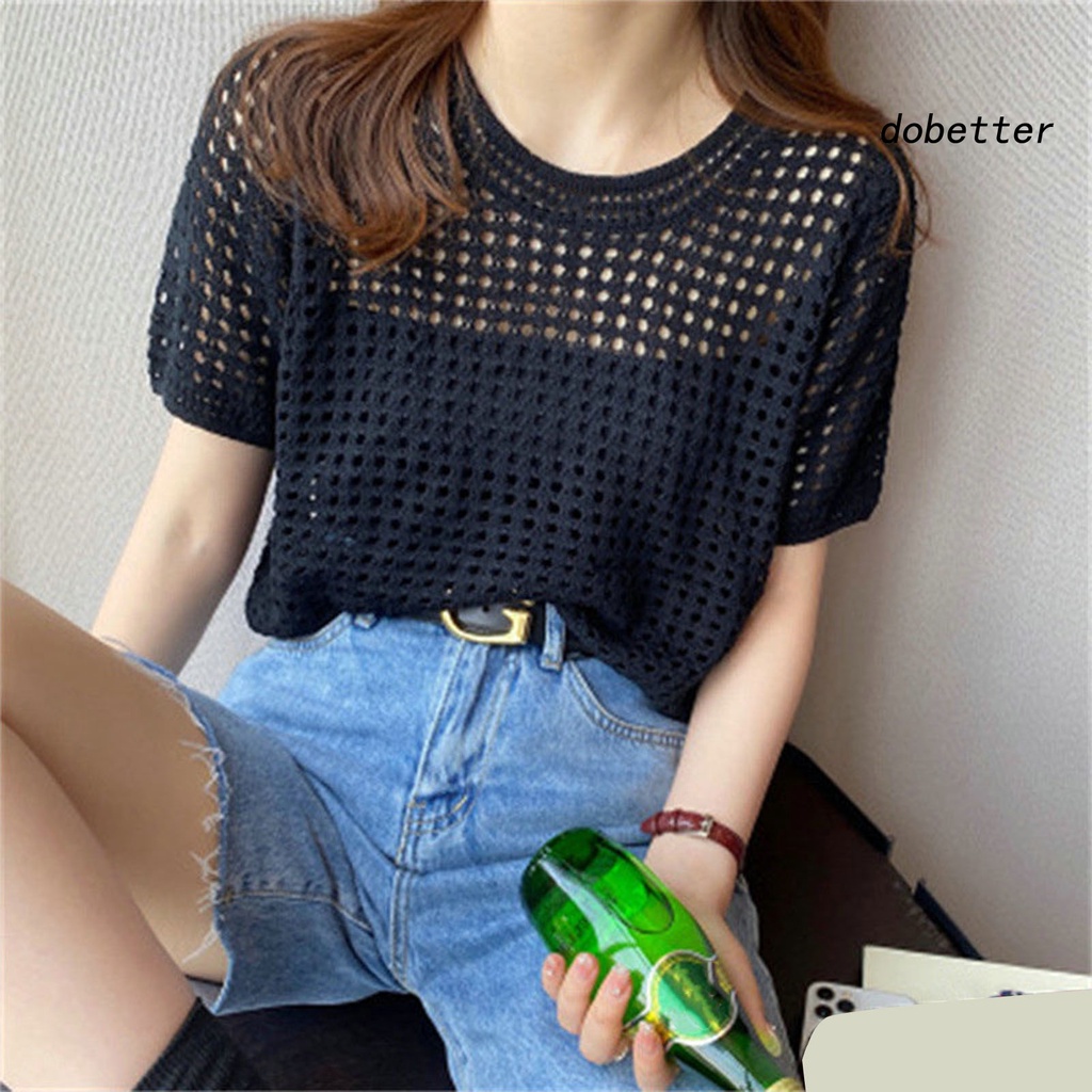 Áo Thun Dệt Kim Mỏng Tay Ngắn Cổ Tròn Màu Trơn Che Phủ Toàn Diện Chống Nắng Cho Nữ