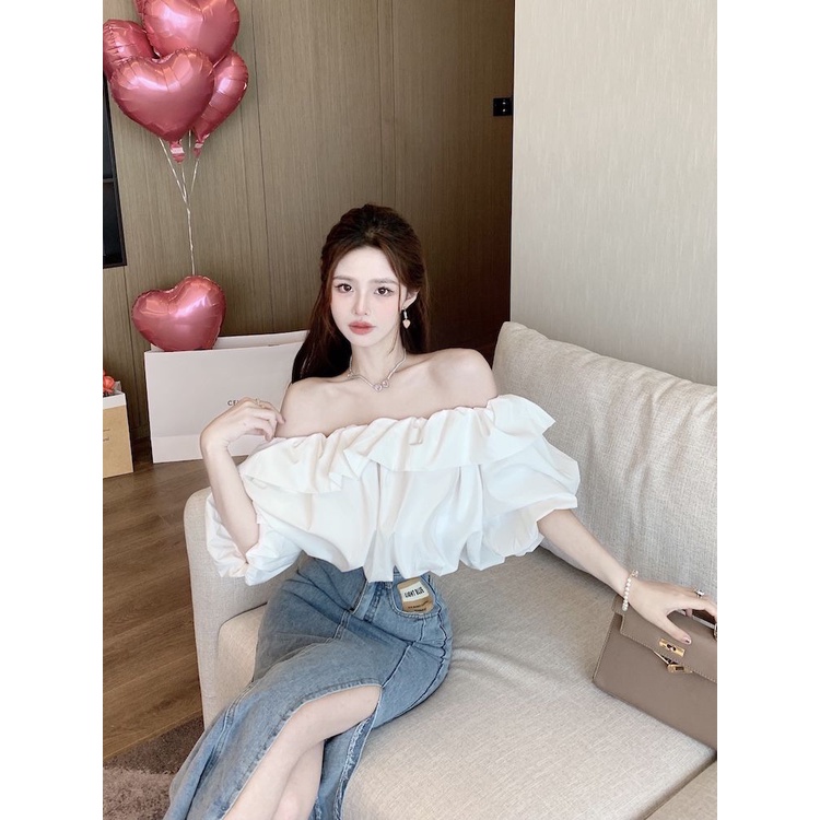 COZOK Áo peplum Trễ Vai Tay Phồng Ngắn Gợi Cảm Cho Nữ