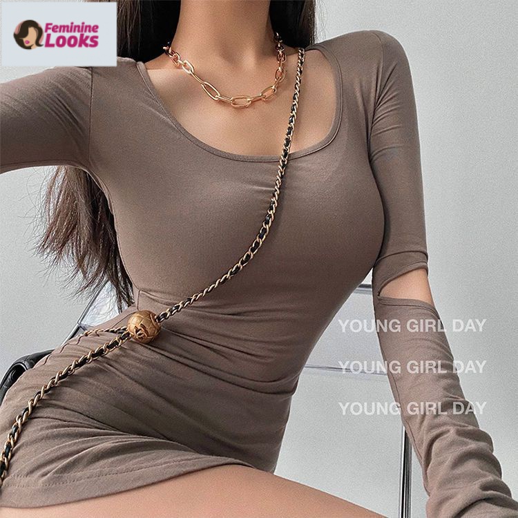 Đầm Ngắn Ôm Eo Tay Dài Cổ Tròn Màu Trơn Quyến Rũ