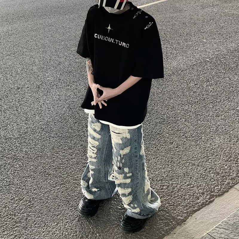 Áo Thun Tay Ngắn Phối Nút Kim Loại Nặng 320g Phong Cách Đường Phố Mỹ Cho Nam