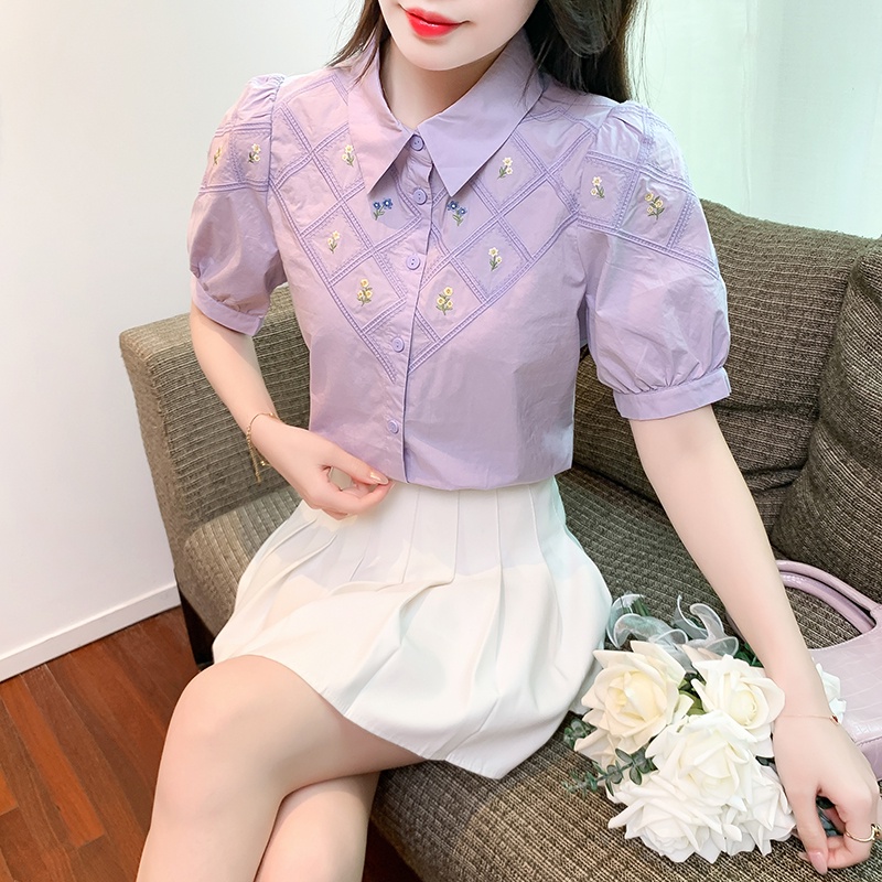 Áo Sơ Mi Cotton Tinh Khiết / Thêu / Mỏng / Tay Phồng Sang Trọng / Mùa Hè 2023 / Phong Cách Mới / Cotton Tinh Khiết / Mỏng Vừa Vặn / Slimmer Look / Sang Trọng / Top Nữ PSZQ