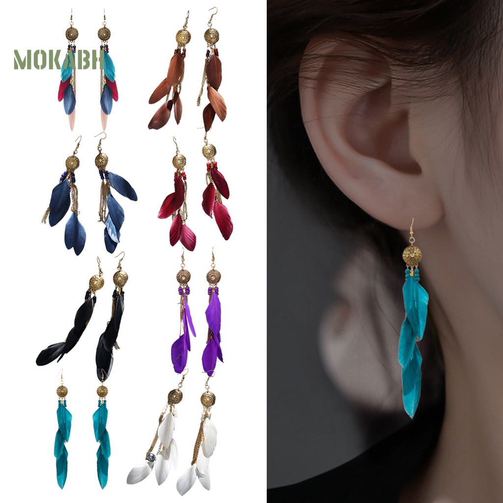 1 Cặp Bông Tai Dáng Dài Hình Lông Vũ Phong Cách Bohemian Cổ Điển Thời Trang Cho Nữ