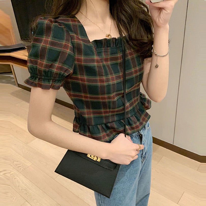 Áo Sơ Mi Ngắn Lưng Cao Dáng Ôm Chất Liệu Chiffon Họa Tiết Sọc Caro Thời Trang Mùa Hè Mới Cho Nữ