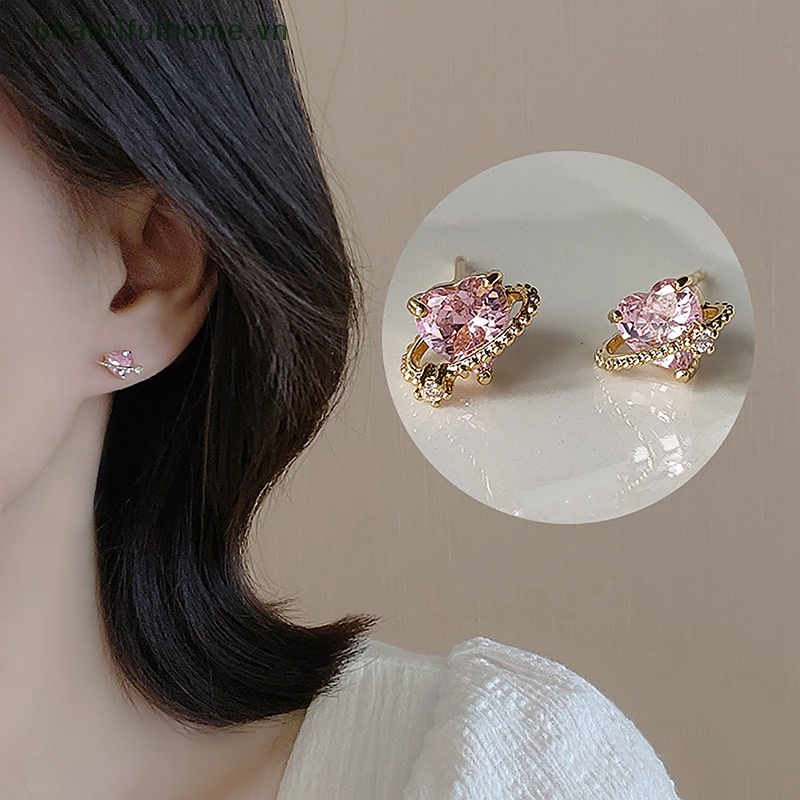 1 Đôi Bông Tai Hình Trái Tim Đính Đá Zircon Màu Hồng Thiết Kế Đơn Giản Thời Trang Cho Nữ