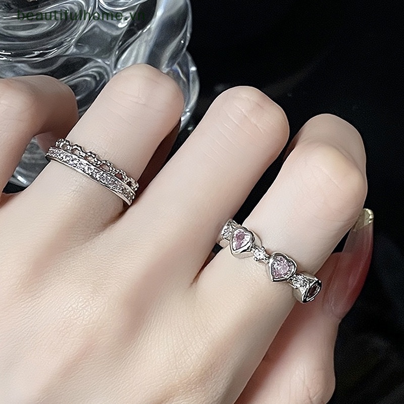[beautifulhome] Nhẫn Đính Đá Zircon Hình Trái Tim / Hình Học Tối Giản Có Thể Điều Chỉnh Trang Sức Dự Tiệc Tối Giản Cá Tính [