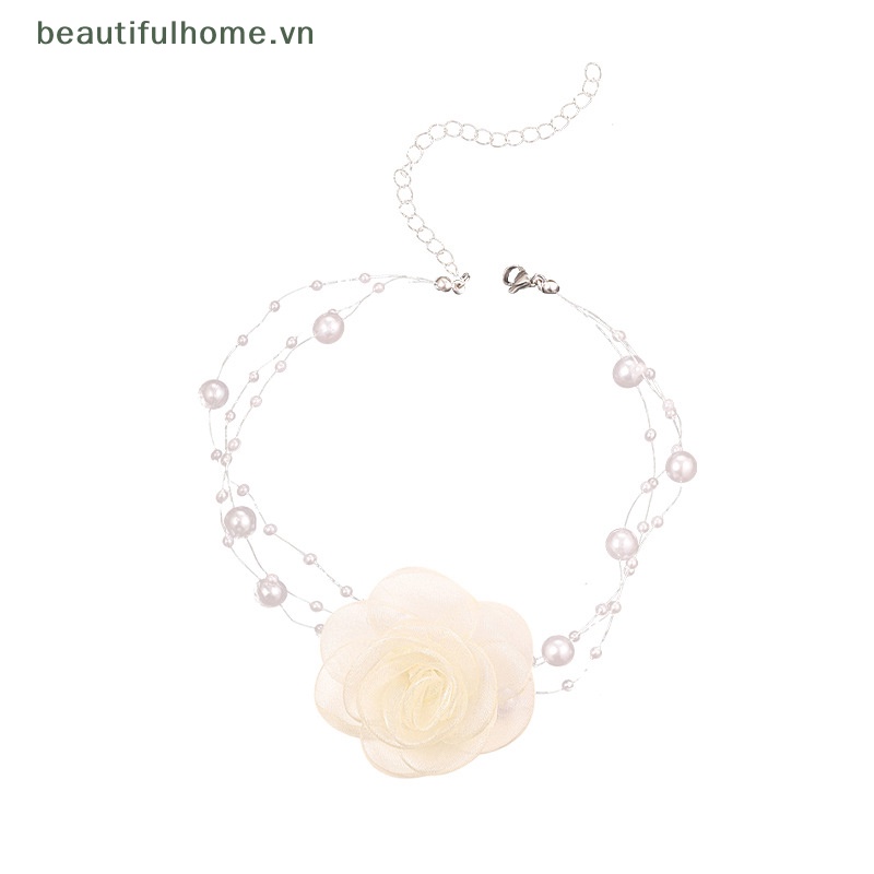 [beautifulhome] Vòng Cổ Choker Ngọc Trai Hoa Trắng Đen Lãng Mạn Mùa Hè Cho Nữ [beauty]