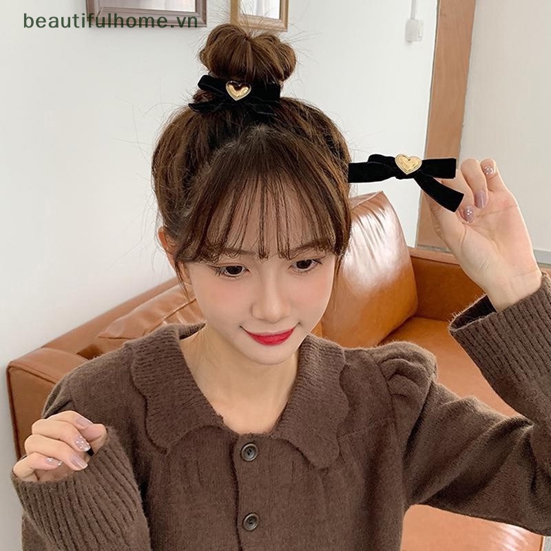 Dây Buộc Tóc Hình Nơ / Trái Tim Bằng Nhung Màu Đen Thanh Lịch Cho Nữ