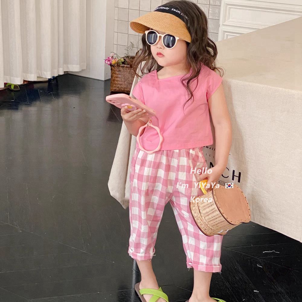 Set Đồ Mùa Hè 2 Món Gồm Áo Cổ Vuông Hở Lưng Màu Trơn + Quần Dài Eo Thun Kẻ Sọc Caro Cho Bé Gái