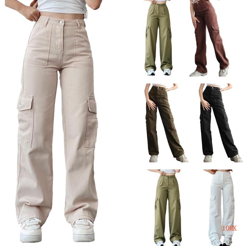 Xiangbao Quần Dài Ống Rộng Lưng Cao Có Dây Rút Và Túi Cài Nút