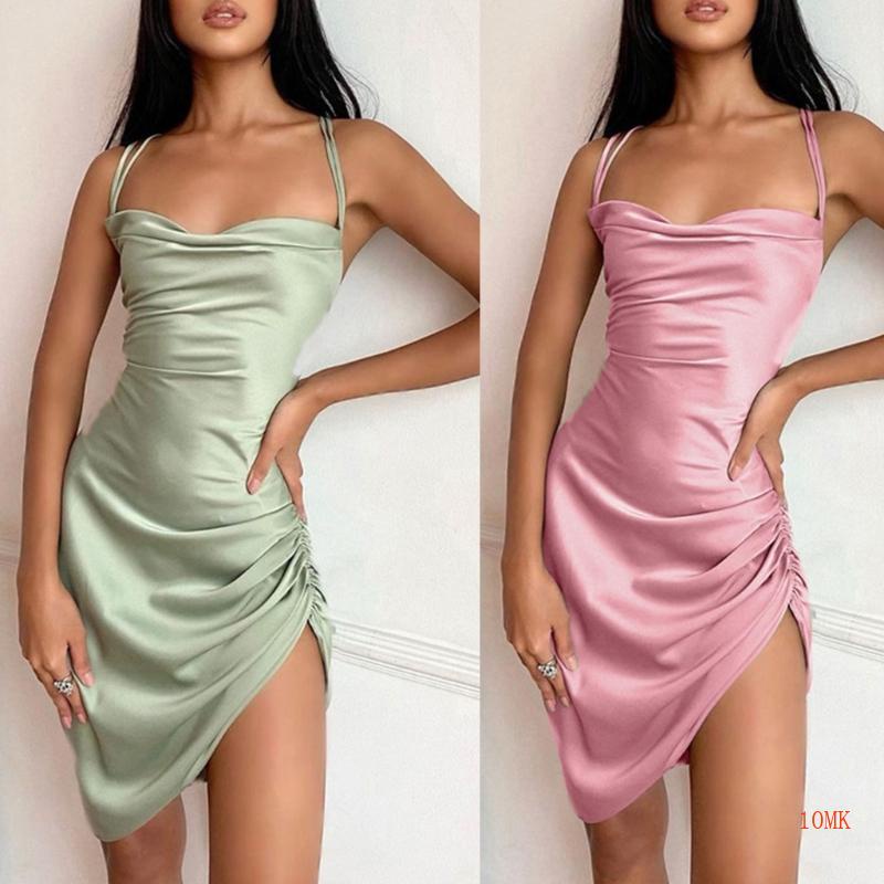 Xiangbao Đầm Mini Sát Nách Dây Rút Hở Lưng Bằng Satin Gợi Cảm Cho Nữ