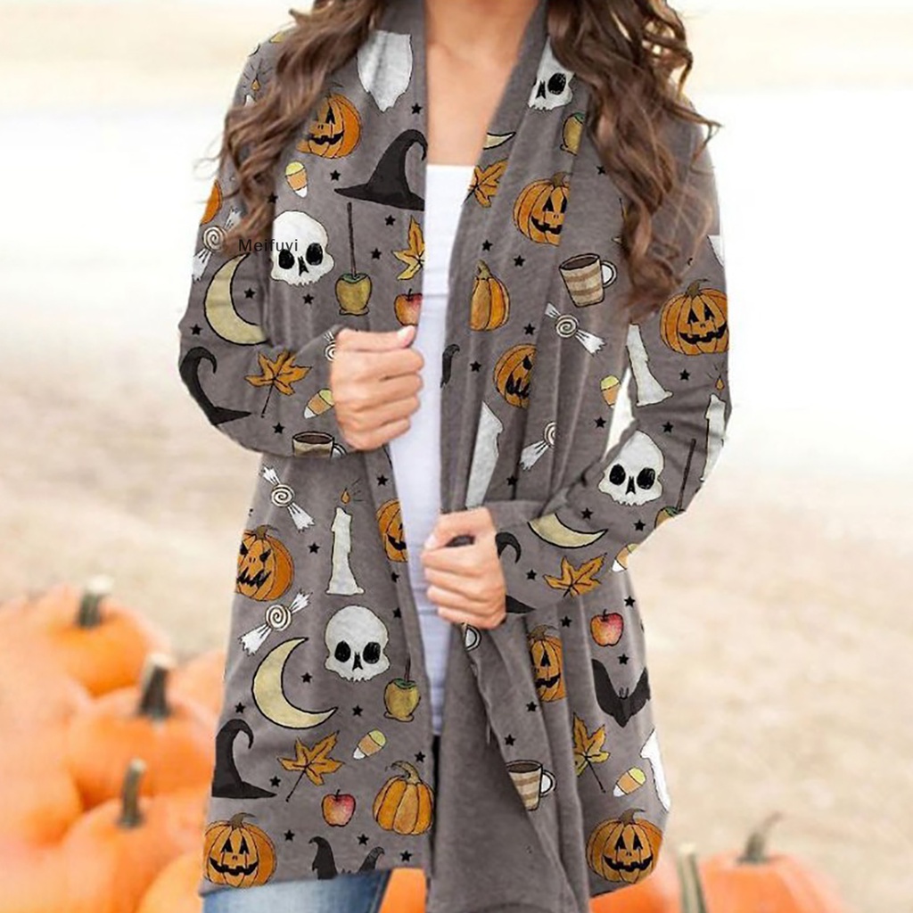 [Meifuyi] Áo Khoác Cardigan Dệt Kim Tay Dài Hình Mèo Bí Ngô Halloween Cho Nữ
