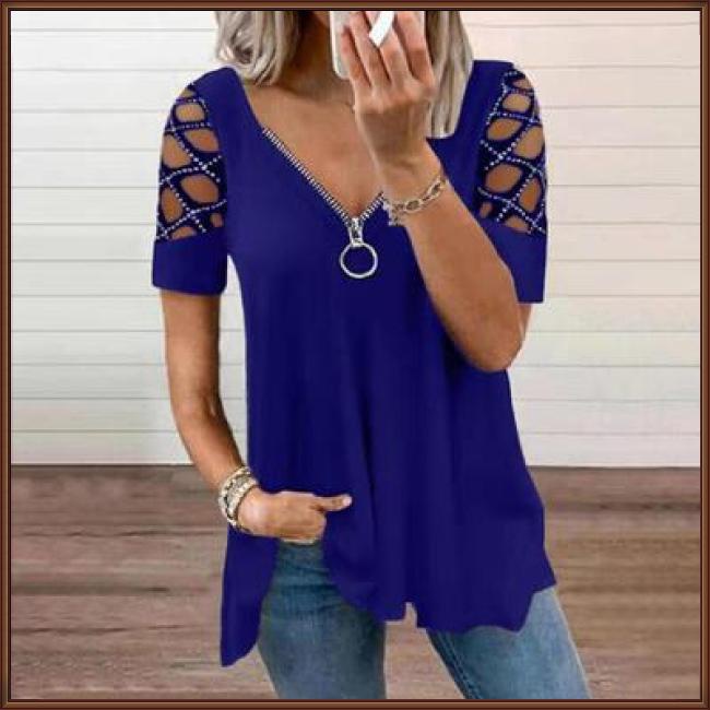 Áo Thun Tay Ngắn Cổ Chữ V Khoét Lỗ Màu Sắc Thời Trang Mùa Hè Cho Nữ